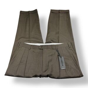 Zanella Bennett Men Brown Wool Double Pleated Cuffed Dress Pants 36x29 Italy NWT